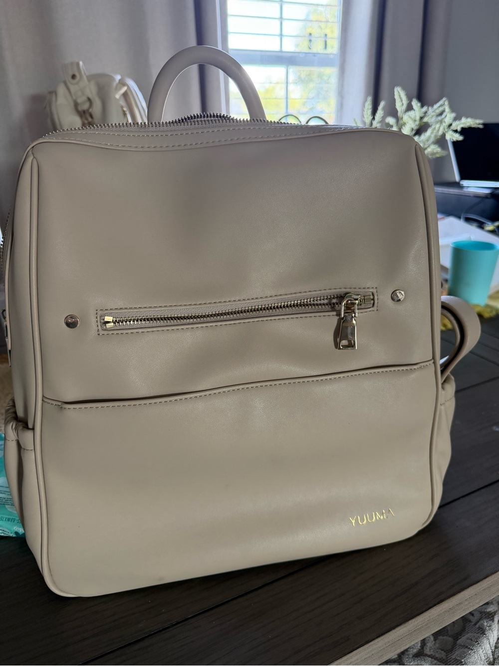 Yuu Cream Leatherette Baby Backpack with Front Zip Pocket